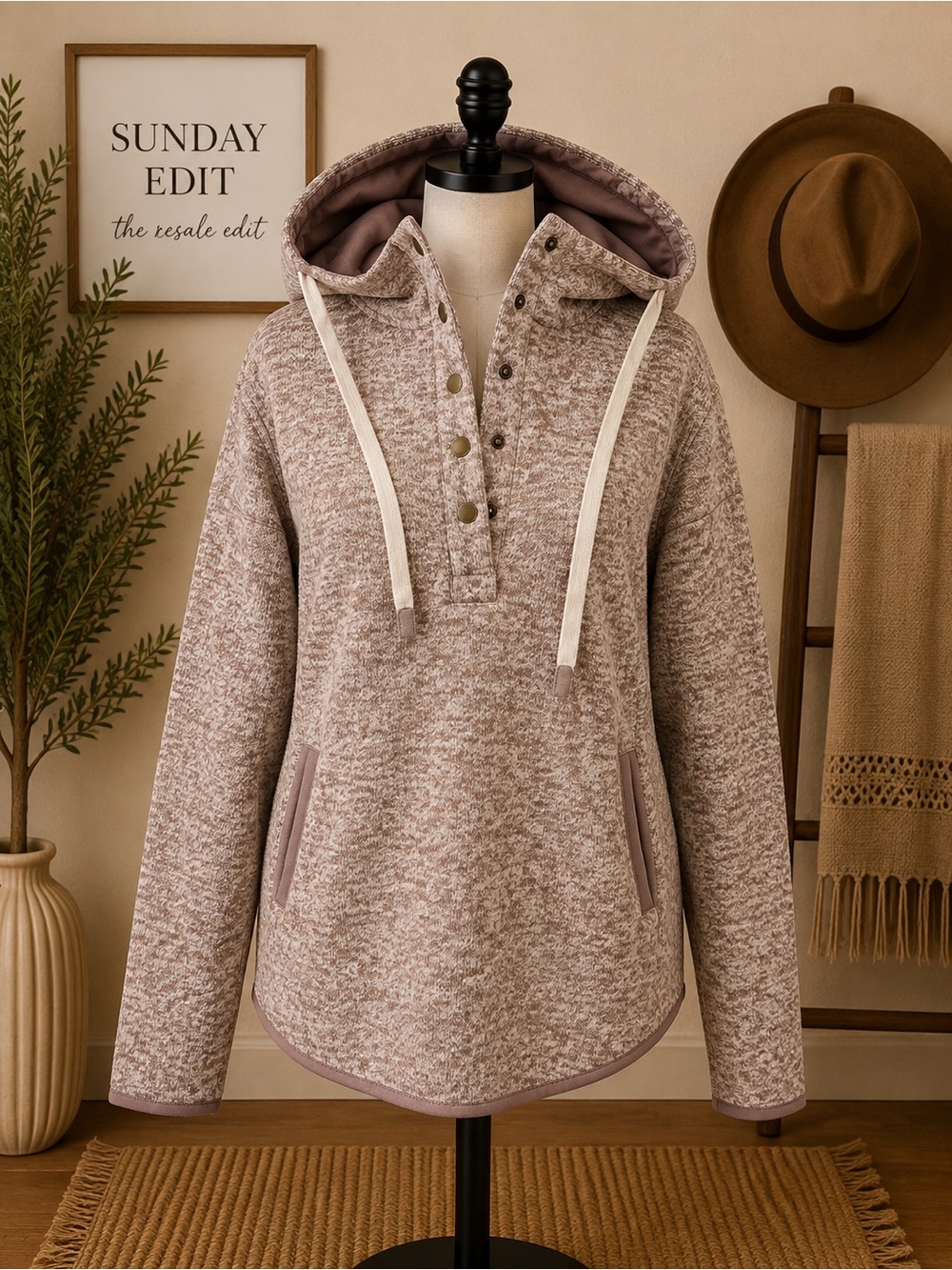 Thread & Supply Marled Light Mauve Hooded Pullover with Button Placket